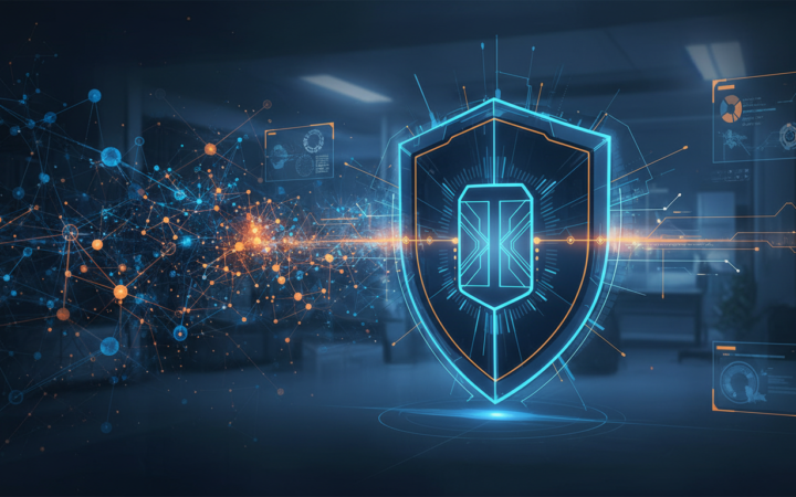 Conceptual illustration of an AI neural network beside a digital security shield