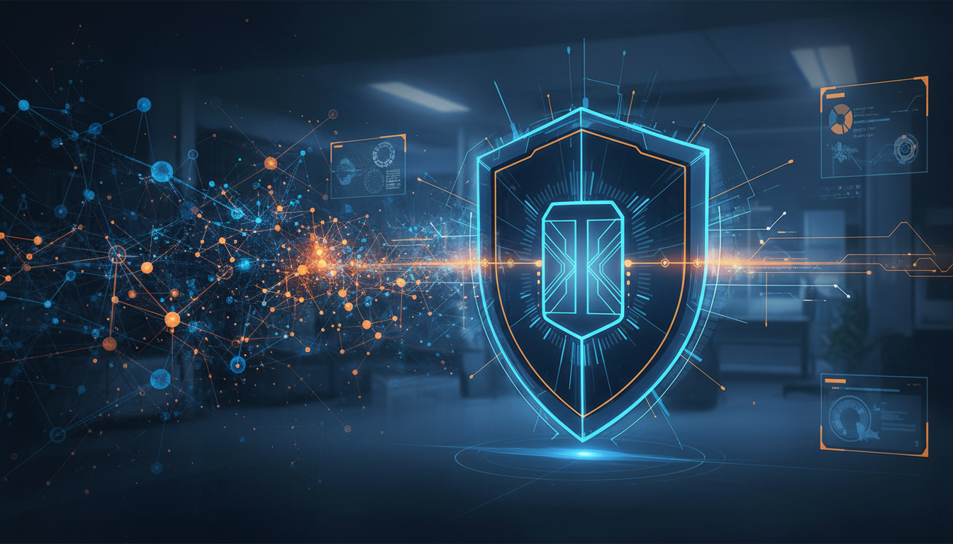 Conceptual illustration of an AI neural network beside a digital security shield