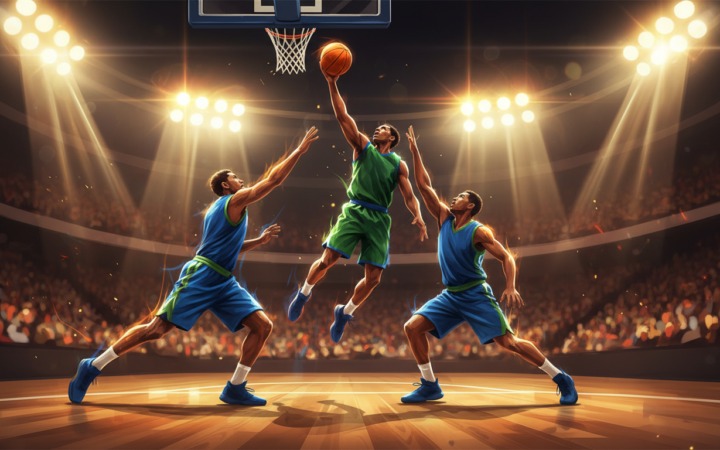 Conceptual basketball game in a packed arena under bright lights
