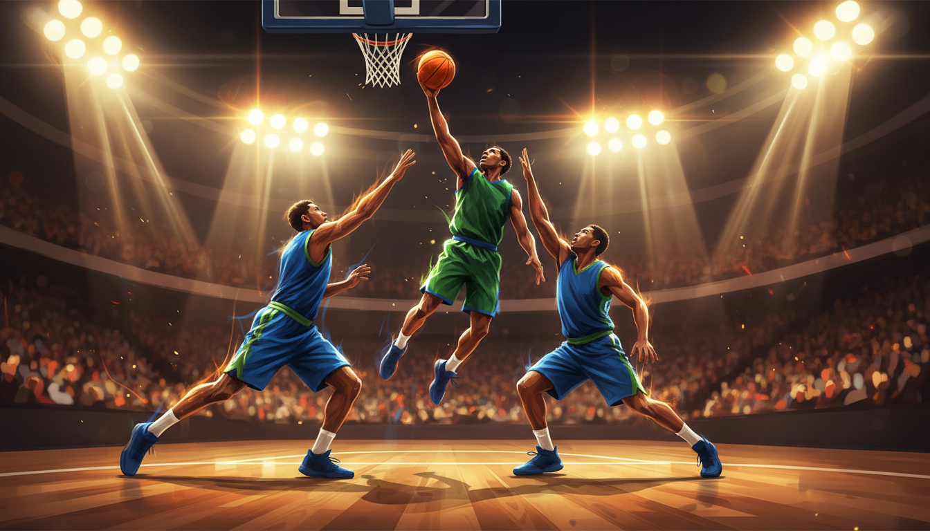 Conceptual basketball game in a packed arena under bright lights