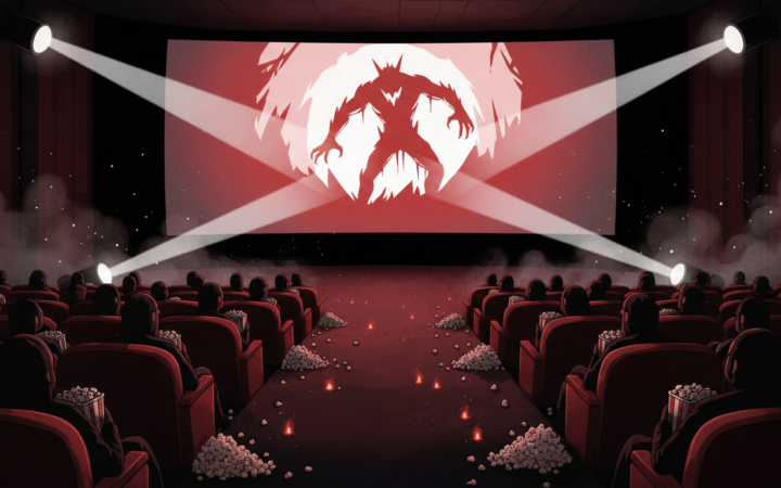 Atmospheric cinema audience watching an abstract horror movie silhouette