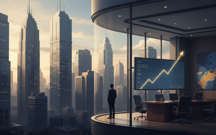 Mumbai banking skyline with a conceptual upward financial trend