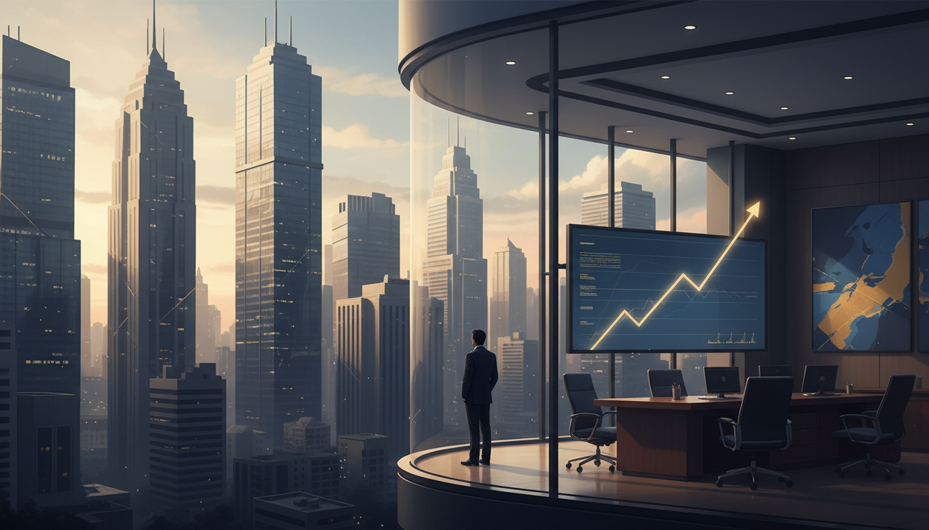Mumbai banking skyline with a conceptual upward financial trend