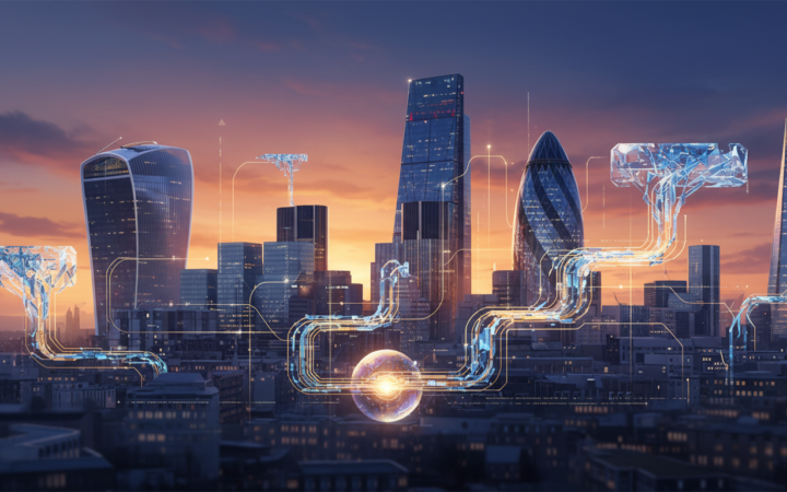London financial district and abstract data network illustrating a corporate acquisition
