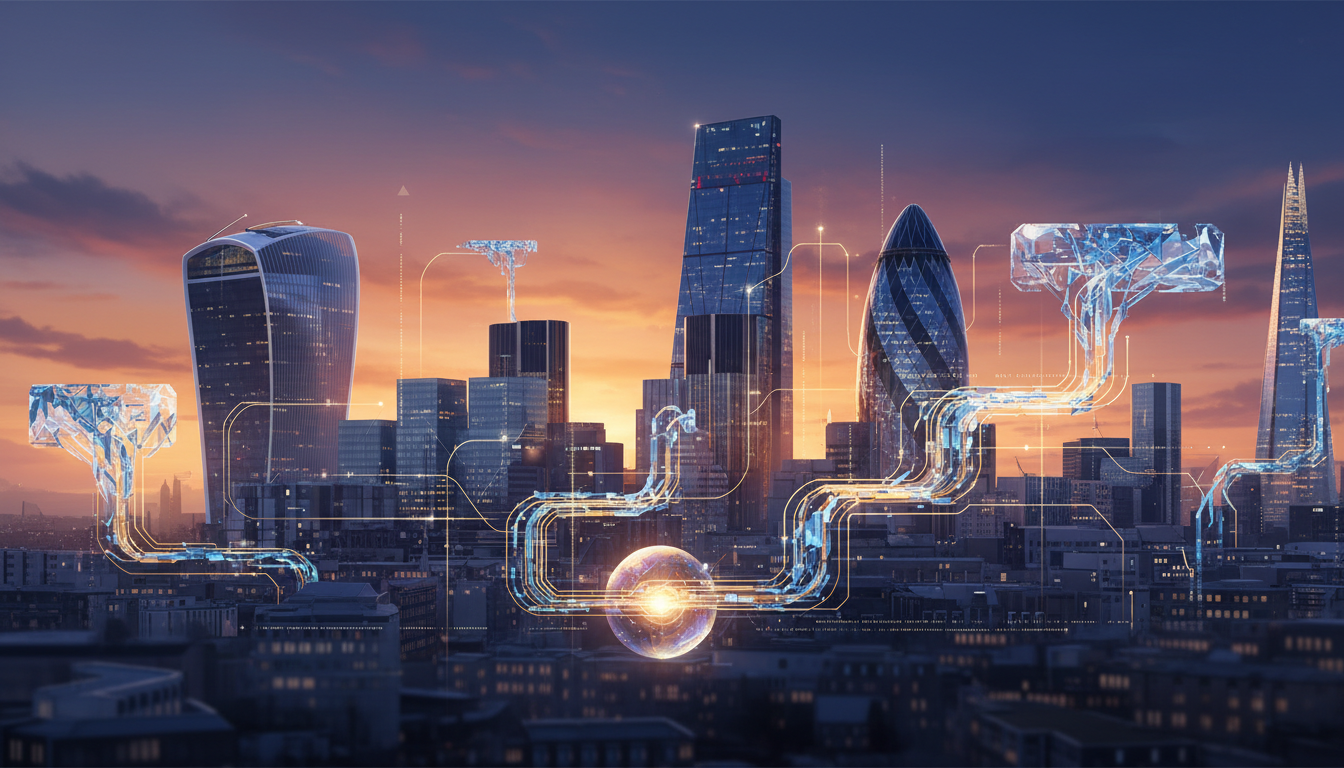 London financial district and abstract data network illustrating a corporate acquisition