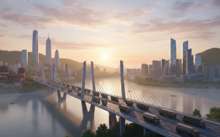 Modern river bridge with cargo trucks linking two East Asian cities