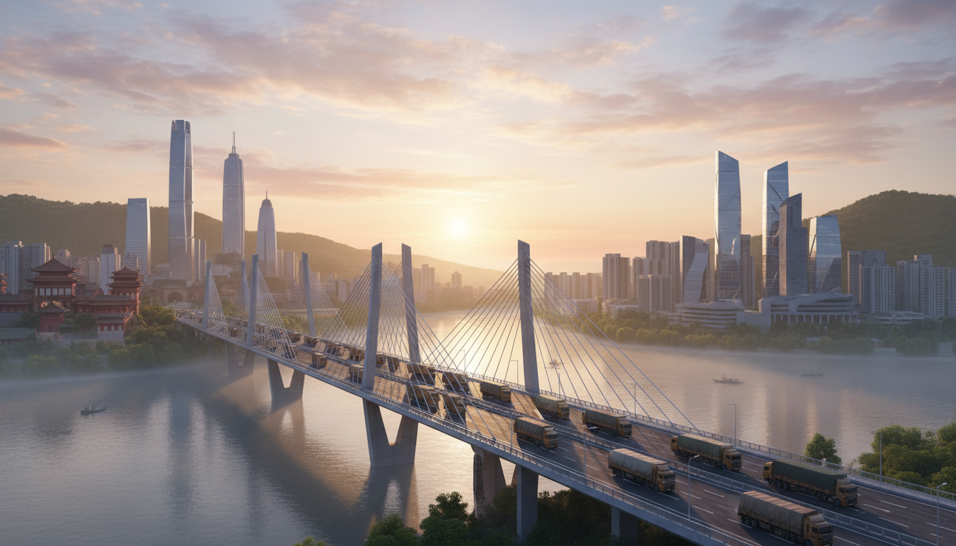 Modern river bridge with cargo trucks linking two East Asian cities