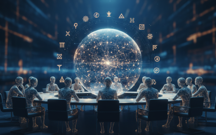 Conceptual illustration of an AI network surrounded by a discussion of ethics and human values.