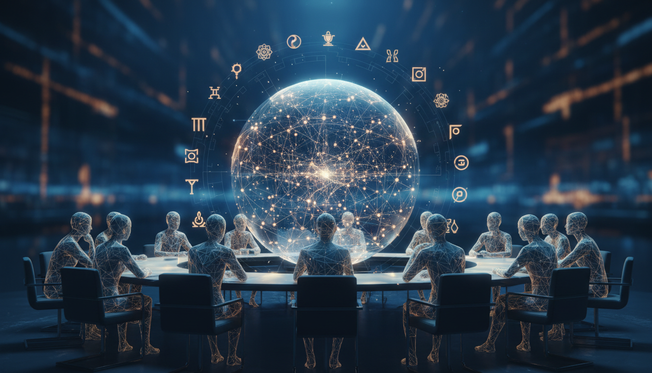 Conceptual illustration of an AI network surrounded by a discussion of ethics and human values.