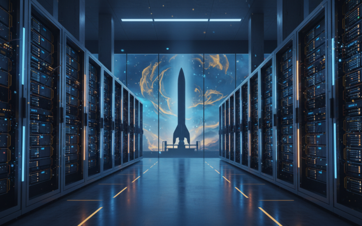 Conceptual AI data center and rocket symbolizing SpaceX computing investment.