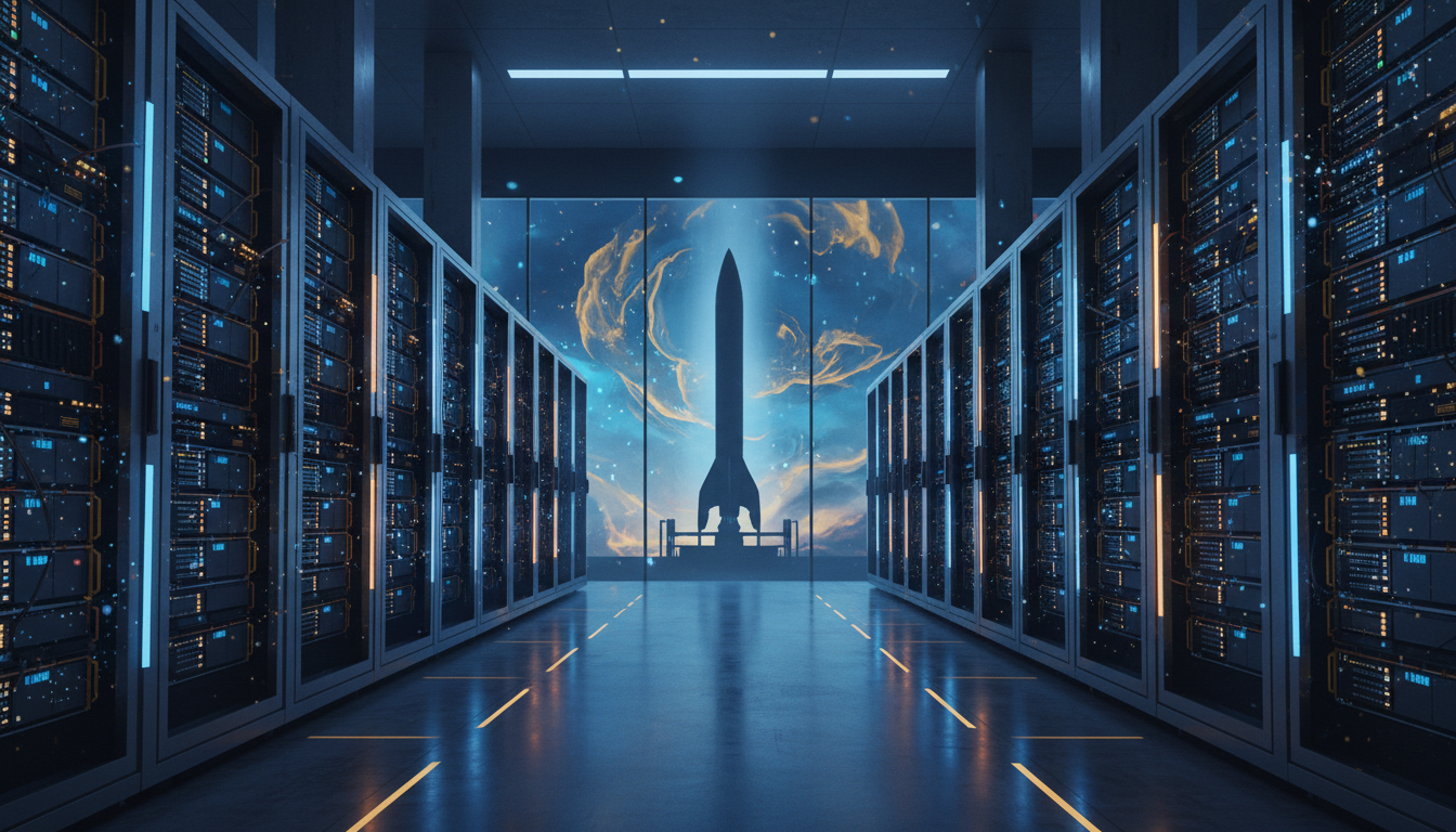 Conceptual AI data center and rocket symbolizing SpaceX computing investment.