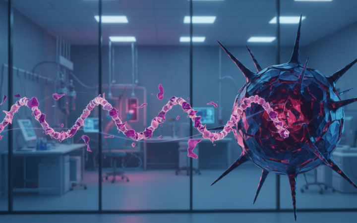 Conceptual mRNA cancer immunotherapy illustration showing immune response to melanoma cells.
