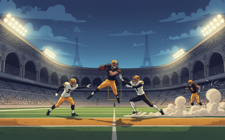 Illustration of American football players in a Paris stadium at night.