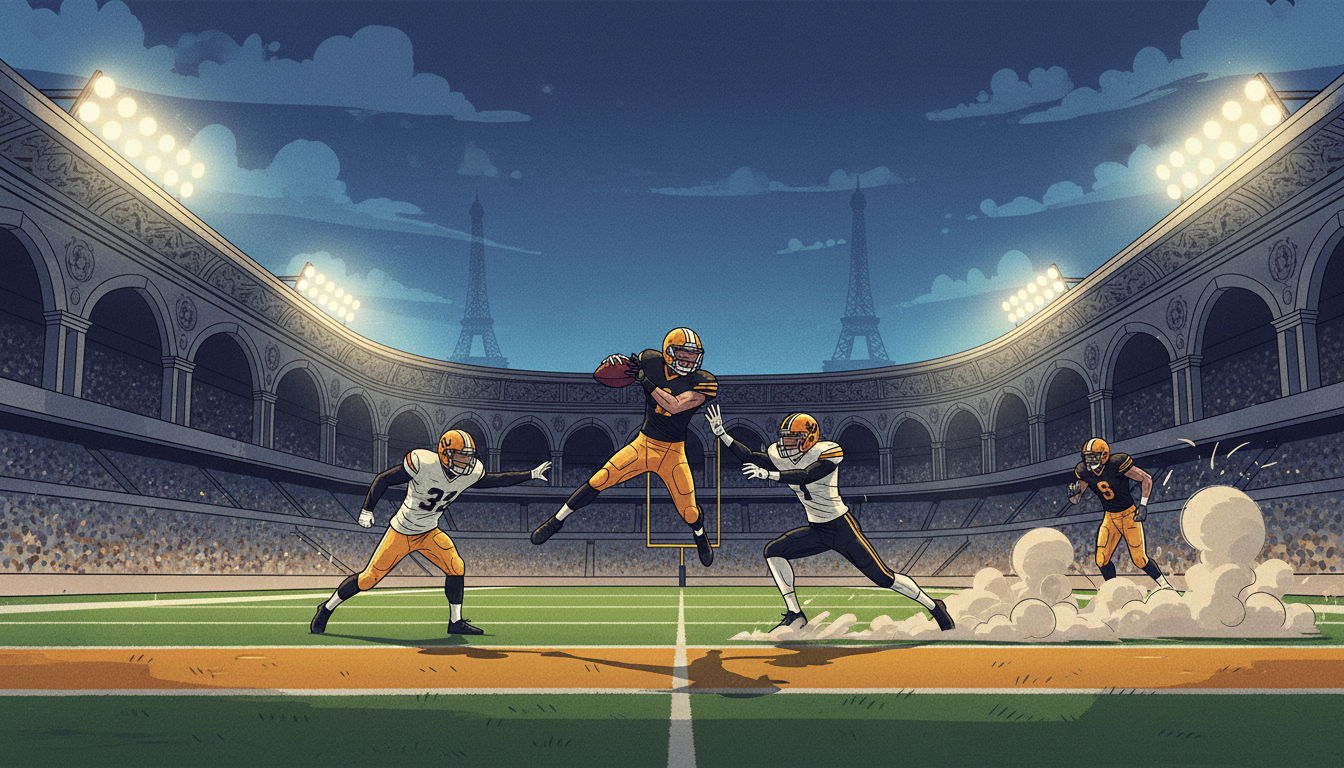 Illustration of American football players in a Paris stadium at night.