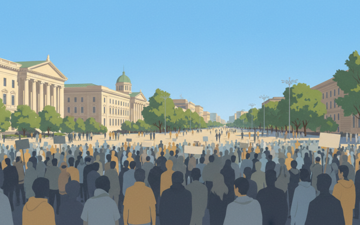 Conceptual depiction of a public demonstration in Tirana, Albania.