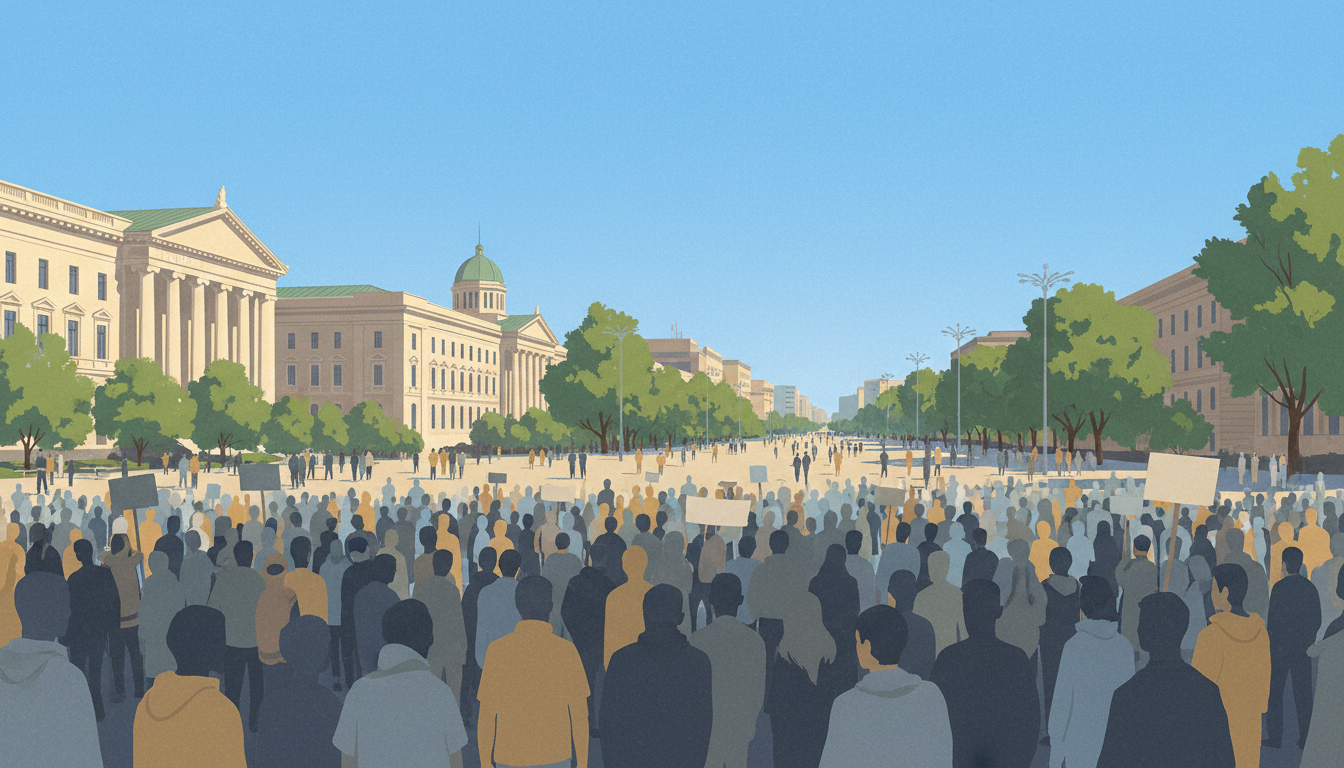Conceptual depiction of a public demonstration in Tirana, Albania.