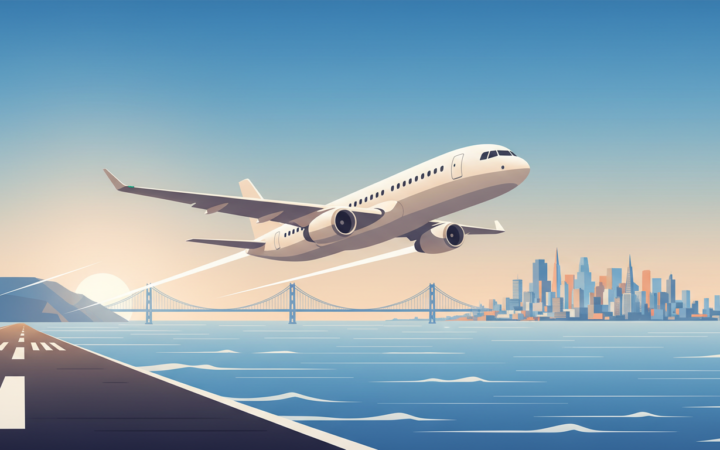 Passenger airplane above San Francisco Bay illustrating a restored domestic flight route