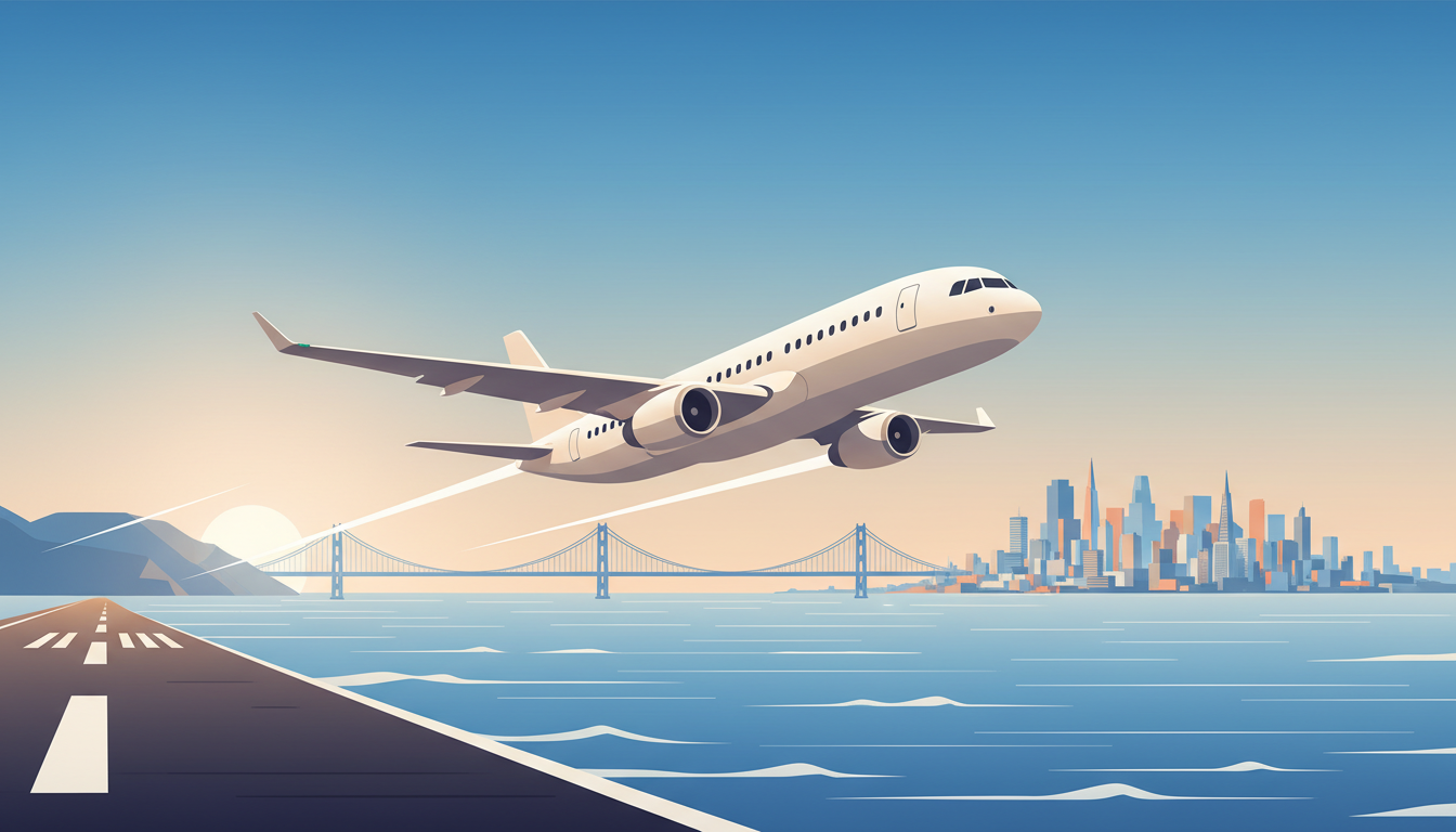 Passenger airplane above San Francisco Bay illustrating a restored domestic flight route
