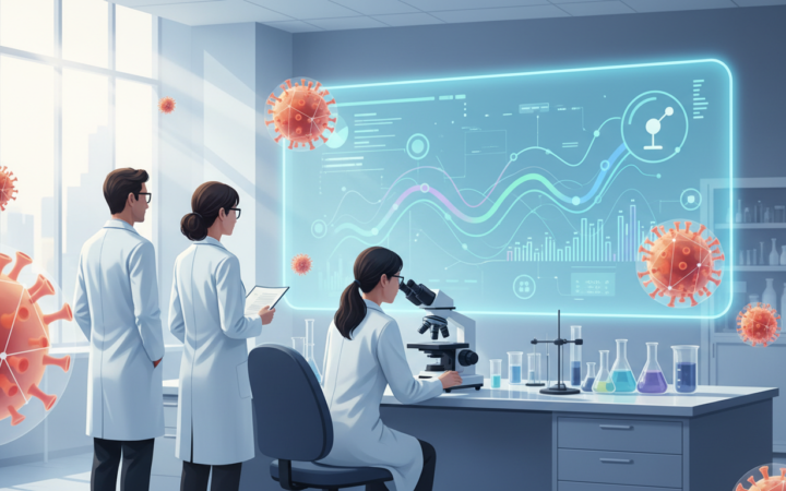 Public health laboratory illustration with measles virus and vaccination research
